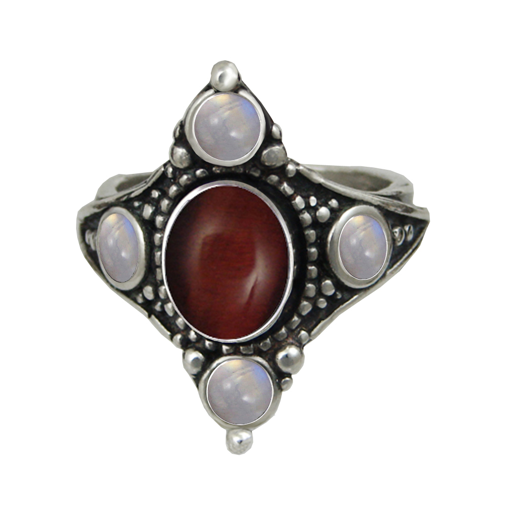 Sterling Silver Renaissance Queen's Ring With Red Tiger Eye And Rainbow Moonstone Size 10